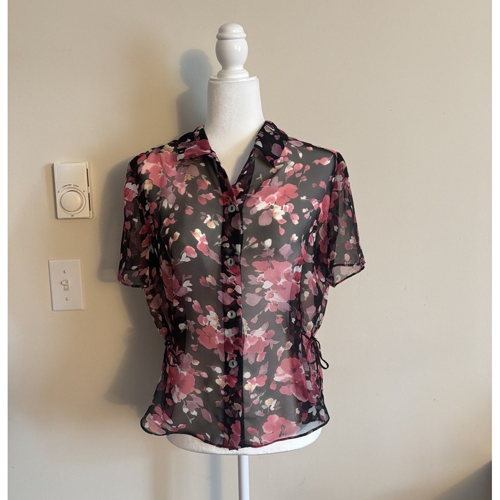 Y2K Sheer Dressbarn Button‎ Up Top Womens 12 Large Floral Black Pink